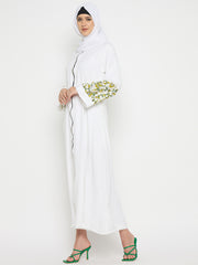 Front Zip Closure Rayon White Abaya for Umrah/Hajj with Black Hijab