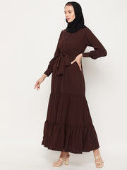 Frilled Brown Abaya/Burqa For Women With Belt and Black Hijab