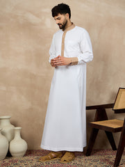 White Cotton Thobe for Men with Beige Piping