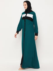 Women Green Front Open Abaya with Black Georgette Hijab