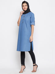 Denim Cotton Solid Tunic Abaya for Women with Black Stole