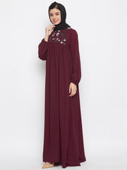 Maroon Chikan Hand Embroidery Work Abaya for Women with Black Georgette Scarf