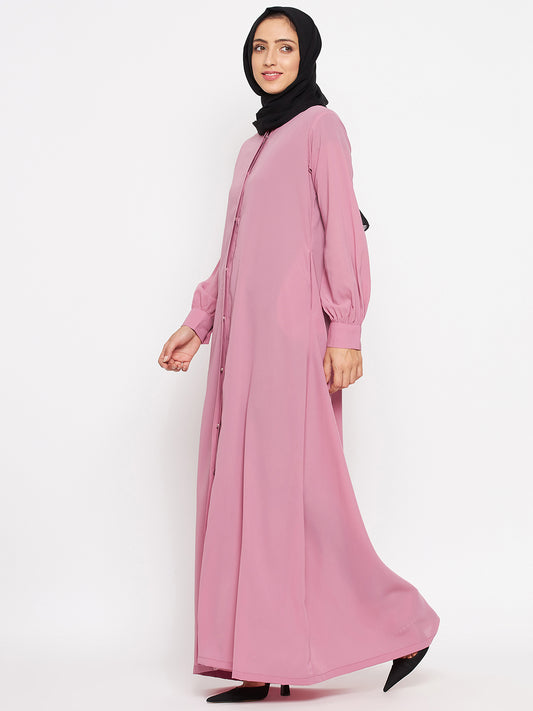 Front Open Puce Pink Abaya Burqa With Black Hijab