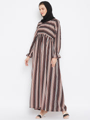 Brown Stripe Abaya Dress with Black Georgette Hijab