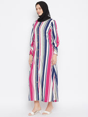 Pink Stripe Front Open Abaya for Women with Black Georgette Scarf