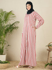 Front Open Striped Printed Abaya with Black Hijab