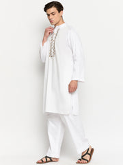 White Solid Cotton Men's Kurta Pajama Set