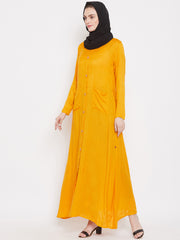 Yellow Rayon Front Open Abaya for Women with Black Georgette Scarf
