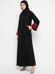 Embroidery Black Abaya for Women with Black Georgette Scarf