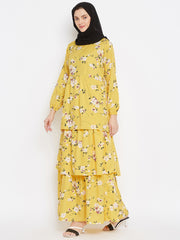 Floral Printed Frill Abaya Dress for Women with Black Georgette Hijab