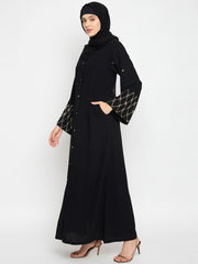 Handwork Detailing Front Open Abaya with Black Georgette Hijab