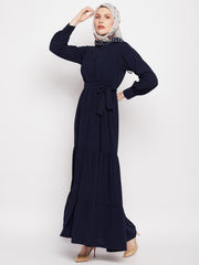 Frilled Blue Abaya/Burqa For Women With Belt and Black Hijab