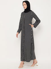 Front Open Black Stripe Abaya for Women with Black Georgette Scarf