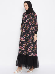 Printed Abaya with Black Georgette Hijab