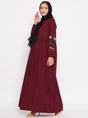 Maroon Chikan Embroidery Work Abaya for Women with Black Georgette Scarf