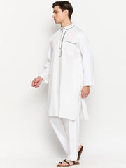 White Embroidery Cotton Kurta Pajama Set For Men
