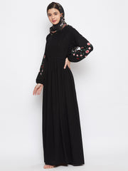 Black Embroidery Work Abaya for Women with Black Georgette Scarf