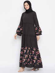 Floral Printed Frill Abaya Dress with Black Georgette Hijab