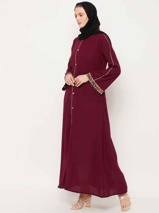 Maroon Embroidery Work Front Open Abaya for Women with Black Georgette Scarf