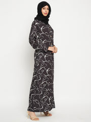 Printed Front Open Abaya with Black Georgette Scarf