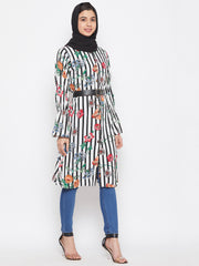 Printed Front Open Tunic Abaya for Women with Black Georgette Stole