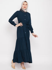 Frilled Teal Abaya/Burqa For Women With Belt and Black Hijab