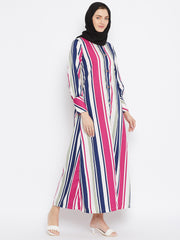 Pink Stripe Front Open Abaya for Women with Black Georgette Scarf