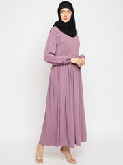 Pink Handwork Abaya with Black Hijab