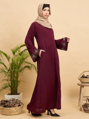 Luxury Hand worked Modest Maroon Abaya Burqa with Beige Hijab