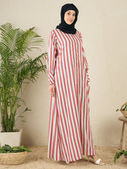 Front Open Striped Printed Abaya with Black Hijab
