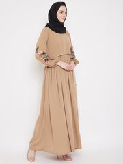 Beige Embroidery Work Abaya for Women with Black Georgette Scarf