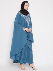 Sky Blue Chikan Hand Embroidered Irani Kaftan Abaya with Black Georgette Hijab