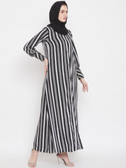 Black Stripe Front Open Abaya for Women with Black Georgette Scarf