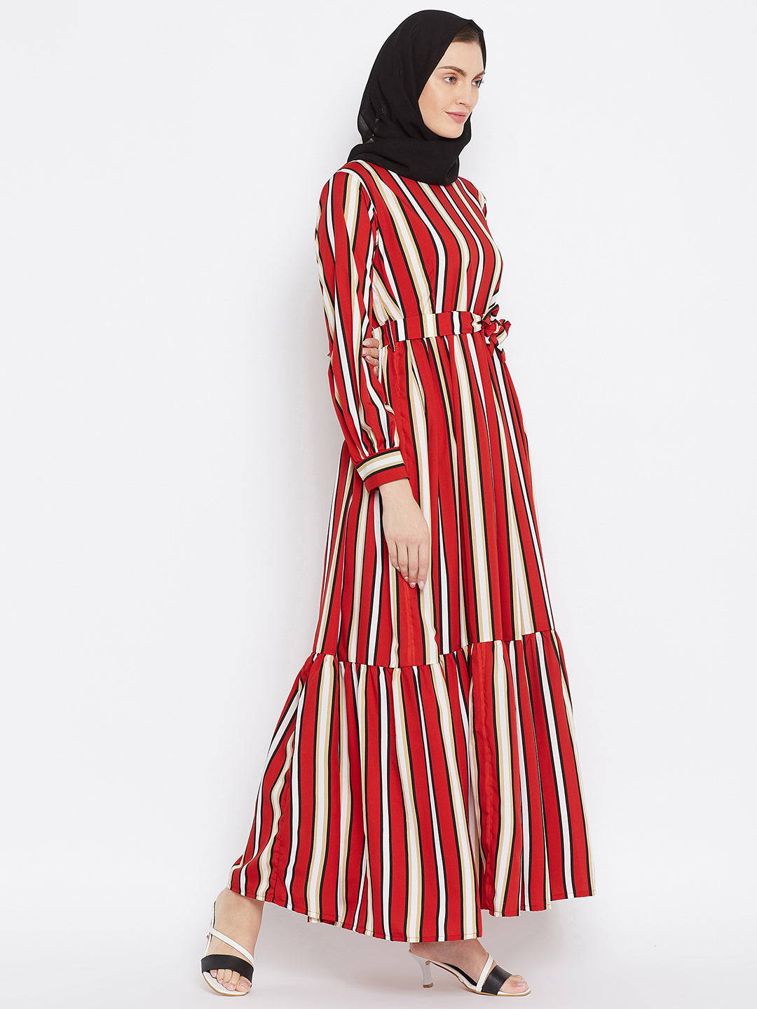 Red Printed Crepe Frill Abaya Dress for Women with Black Georgette Scarf-Side