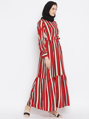 Red Printed Crepe Frill Abaya Dress for Women with Black Georgette Scarf-Side