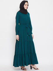 Frilled Bottle Green Abaya/Burqa For Women With Belt and Black Hijab
