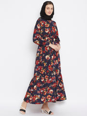Floral Printed Frill Abaya Dress for Women with Black Georgette Scarf