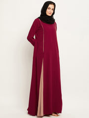 Maroon and Beige A-Line Abaya for Women with Black Georgette Hijab