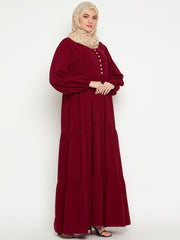 Women Frilled Maroon Abaya/Burqa With Black Hijab