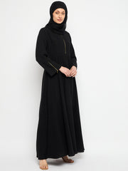 Zip Closure Black Abaya for Women with Black Georgette Scarf