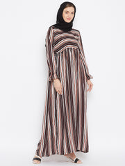 Brown Stripe Abaya Dress with Black Georgette Hijab