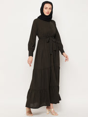 Frilled Olive Green/Abaya Burqa For Women With Belt and Black Hijab