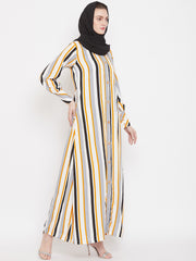 Yellow Stripe Front Open Abaya Burqa for Women with Black Georgette Hijab