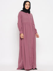 Front Open Puce Pink Abaya Dress with Black Georgette Hijab