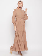 Frilled Beige Abaya/Burqa For Women With Belt and Black Hijab