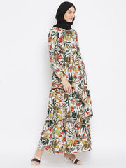 Printed Crepe Frill Abaya for Women with Black Georgette Hijab