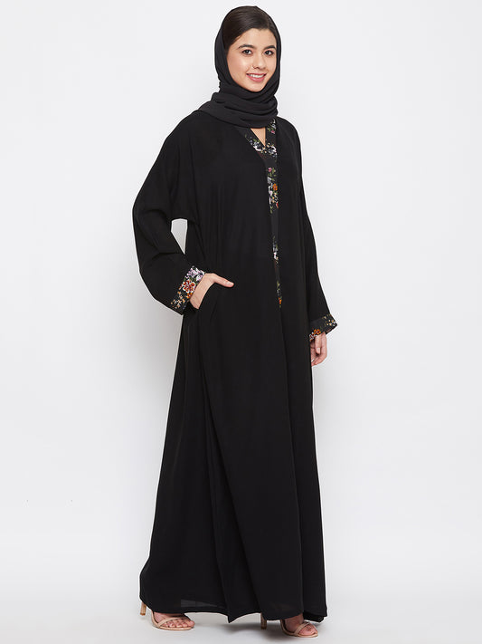 Black Dubai Style Front Open Abaya with Black Georgette Hijab