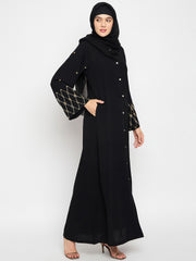 Handwork Detailing Front Open Abaya with Black Georgette Hijab