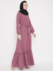 Puce Pink Frill Abaya for Women with Black Georgette Scarf