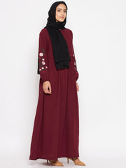 Maroon Chikan Embroidery Work Abaya for Women with Black Georgette Scarf